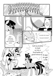 Size: 2203x3115 | Tagged: safe, artist:0ryomamikado0, spike, twilight sparkle, comic:the unexpected love life of dusk shine, g4, comic, dusk shine, high res, manga, royal guard, rule 63, this is sparta