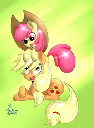 Size: 1700x2300 | Tagged: safe, artist:mackinadesign, apple bloom, applejack, earth pony, pony, g4, abstract background, accessory swap, applejack's hat, cowboy hat, duo, female, filly, foal, hat, looking at each other, looking at someone, mare, open mouth