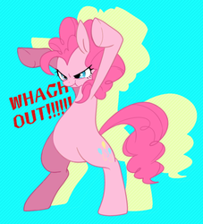 Size: 700x770 | Tagged: safe, artist:kuro_matu, pinkie pie, earth pony, pony, bridle gossip, g4, bipedal, engrish, evil enchantress, female, mare, misspelling, pixiv, scrunchy face, solo