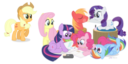 Size: 1500x750 | Tagged: safe, artist:dm29, applejack, big macintosh, fluttershy, pinkie pie, rainbow dash, rarity, twilight sparkle, earth pony, pony, unicorn, g4, lying down, makeover, male, mane six, on back, simple background, stallion, transparent background, unicorn twilight