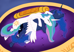 Size: 4261x3000 | Tagged: safe, artist:stormcrow-42, princess celestia, princess luna, alicorn, pony, g4, female, mare, royal sisters, siblings, sisters, sleeping