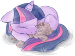 Size: 601x452 | Tagged: safe, artist:mangaka-girl, smarty pants, twilight sparkle, pony, unicorn, g4, cute, female, filly, filly twilight sparkle, sleeping, snuggling, solo, twiabetes, unicorn twilight, younger