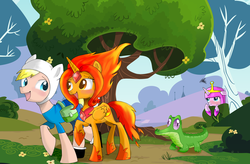 Size: 3826x2514 | Tagged: safe, artist:zorbitas, gummy, alicorn, pony, g4, adventure time, finn the human, flame princess, high res, male, ponified, princess bubblegum