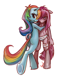 Size: 508x649 | Tagged: dead source, safe, artist:fiarel, pinkie pie, rainbow dash, anthro, fanfic:cupcakes, g4, bandage, bipedal, female, lesbian, pinkamena diane pie, ship:pinkiedash, shipping