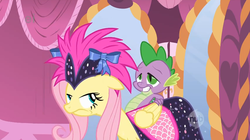 Size: 851x476 | Tagged: safe, screencap, fluttershy, spike, pegasus, pony, g4, green isn't your color, carousel boutique, clothes, outfit catalog, unamused