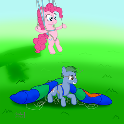 Size: 1152x1152 | Tagged: safe, artist:phallen1, pinkie pie, oc, oc:software patch, g4, parachute, skydiving