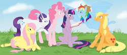 Size: 3583x1558 | Tagged: safe, artist:cartoonlion, applejack, fluttershy, pinkie pie, rainbow dash, rarity, twilight sparkle, earth pony, pegasus, pony, unicorn, g4, applejack's hat, book, cowboy hat, hat, magic, mane six, telekinesis, unicorn twilight