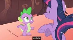 Size: 843x464 | Tagged: safe, edit, edited screencap, screencap, spike, twilight sparkle, dragon, unicorn, g4, caption, duo, shipping, youtube caption