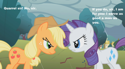 Size: 850x470 | Tagged: safe, applejack, rarity, earth pony, pony, unicorn, g4, caption, female, horn, mare, william shakespeare