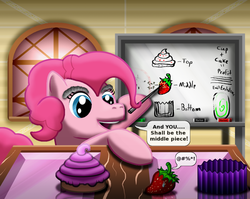 Size: 900x717 | Tagged: safe, artist:super-zombie, pinkie pie, g4, censored, censored vulgarity, chalkboard, cupcake, food, looking at something, open mouth, smiling, stick, strawberry, the human centipede, white board