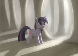 Size: 790x567 | Tagged: safe, artist:grissaecrim, twilight sparkle, pony, unicorn, g4, female, mare, pillar, solo, unicorn twilight