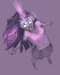 Size: 600x750 | Tagged: safe, artist:shattered-earth, twilight sparkle, human, g4, clothes, female, glowing eyes, horn, horned humanization, humanized, magic, magic overload, purple background, simple background, skirt, solo