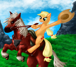 Size: 1600x1417 | Tagged: safe, artist:dragonfunk7, applejack, earth pony, pony, g4, crossover, epona, female, horse-pony interaction, mare, ponies riding horses, ponified, riding, the legend of zelda