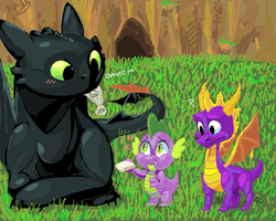 Size: 900x720 | Tagged: safe, artist:raiilynezz, spike, dragon, fish, night fury, g4, crossover, dreamworks, eating, how to train your dragon, nom, spyro the dragon, spyro the dragon (series), toothless the dragon