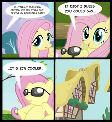 Size: 500x545 | Tagged: safe, edit, edited screencap, screencap, fluttershy, pegasus, pony, g4, 20% cooler, 4 panel comic, comic, female, fluttercsi, fluttersci, mare, open mouth, open smile, pun, smiling, sunglasses