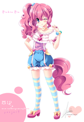 Size: 630x917 | Tagged: safe, artist:sakuranoruu, pinkie pie, human, g4, anime, bloomers, clothes, cute, diapinkes, female, humanized, moe, puffy sleeves, ring, solo, suspenders, tailed humanization, thigh highs, tongue out