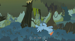 Size: 640x355 | Tagged: safe, screencap, rainbow dash, pegasus, pony, bridle gossip, g4, my little pony: friendship is magic, bush, everfree forest, eyes closed, solo, tree, youtube caption