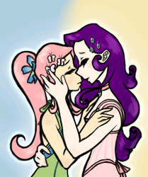 Size: 450x537 | Tagged: safe, artist:katez-chan, fluttershy, rarity, human, g4, clothes, dress, female, humanized, kissing, lesbian, ship:flarity, shipping