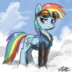 Size: 900x900 | Tagged: safe, artist:johnjoseco, rainbow dash, pegasus, pony, g4, aviator goggles, clothes, cloud, cloudy, female, folded wings, goggles, jacket, leather, leather jacket, mare, on a cloud, signature, sky, smiling, smirk, solo, wings