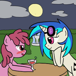 Size: 900x900 | Tagged: safe, artist:dustyranger, berry punch, berryshine, dj pon-3, vinyl scratch, earth pony, pony, unicorn, g4, alcohol, blushing, cocktail, date, drink, duo, female, lesbian, mare, moon, night, open mouth, shipping, vinylpunch