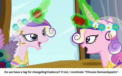 Size: 808x507 | Tagged: safe, queen chrysalis, changeling, g4, calibri, disguise, disguised changeling, fake cadance, meta