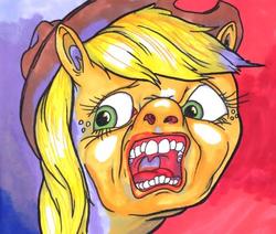 Size: 608x515 | Tagged: safe, artist:bapplejuice, applejack, earth pony, pony, g4, album cover, female, human teeth, in the court of the crimson king, king crimson, looking sideways, open mouth, parody, ponified, ponified album cover, progressive rock, rock (music), solo, wat