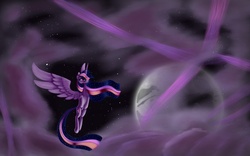 Size: 1024x640 | Tagged: safe, artist:crux9011, twilight sparkle, alicorn, pony, g4, ethereal mane, female, mare, moon, spread wings, starry mane, twilight sparkle (alicorn), wings
