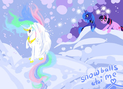Size: 1100x797 | Tagged: safe, artist:donenaya, princess celestia, princess luna, twilight sparkle, alicorn, pony, unicorn, g4, female, mare, snow, snowball, snowball fight, snowfall, unicorn twilight