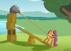 Size: 2892x2077 | Tagged: safe, artist:otakuap, scootaloo, pegasus, pony, g4, crate, female, high res, mare, mouth hold, pond, pulling, rock, rope, scootaloo can't fly, seesaw, solo, this will end in tears, this will end in tears and/or death and/or covered in tree sap, water