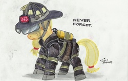 Size: 800x513 | Tagged: safe, artist:buckweiser, applejack, earth pony, pony, g4, 343, 9/11, crying, duckery in the comments, fdny, female, firefighter, firefighting, mouthpiece, never forget, sad, solo, somber