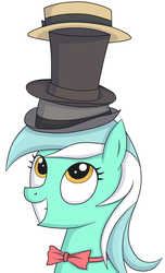 Size: 730x1200 | Tagged: safe, artist:kamikazexyz, lyra heartstrings, pony, unicorn, g4, bowler hat, bowtie, bust, female, grin, hat, portrait, simple background, smiling, solo, team fortress 2, top hat, towering pillar of hats, white background