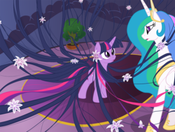 Size: 1200x900 | Tagged: safe, artist:a-leksey, princess celestia, twilight sparkle, g4, curious, cute, duo, eye contact, flower, frown, hair, hair physics, hyouka, impossibly long hair, impossibly long mane, impossibly long tail, lipstick, long mane, mane physics, parody, reference, smiling, tail