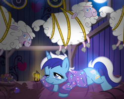 Size: 1200x960 | Tagged: safe, artist:pixelkitties, minuette, pony, sheep, unicorn, g4, clothes, female, mare, one eye closed, pajamas, sleepy