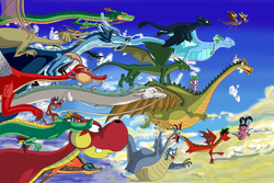 Size: 3221x2147 | Tagged: dead source, safe, artist:ssstawa, spike, chinese dragon, dragon, eastern dragon, night fury, g4, american dragon jake long, avatar the last airbender, ben 10, ben 10 alien force, cloud, conjoined, conjoined twins, crossover, danny phantom, devon and cornwall, disney, dojo kanojo cho, dragon ball, dragon ball z, dragon migration, dragons riding dragons, dreamworks, fangs, feng, flight of dragons, flying, gorbash, haku, haley long, happy, high res, hilarious in hindsight, hooktail, how to train your dragon, jake long, maleficent, mega crossover, mulan, multiple heads, mushu, pagemaster dragon, paper mario, princess dorathea, quest for camelot, riding, shenlong, sky, smiling, spirited away, spyro the dragon, spyro the dragon (series), studio ghibli, super mario bros., the flight of dragons, the legend of zelda, the legend of zelda: ocarina of time, the legend of zelda: the wind waker, the pagemaster, toothless the dragon, two heads, two-headed dragon, valoo, volvagia, wholesome, xiaolin showdown