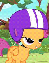 Size: 368x471 | Tagged: safe, screencap, scootaloo, pegasus, pony, g4, the cutie mark chronicles, animated, blank flank, cropped, cute, cutealoo, female, filly, foal, folded wings, helmet, hoofy-kicks, open mouth, rearing, solo, talking, wings