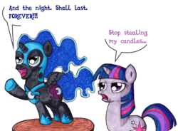 Size: 2121x1565 | Tagged: safe, artist:darkone10, nightmare moon, twilight sparkle, g4, bad joke, cute, filly, nightmare woon, tumblr:asktwilyandwoon