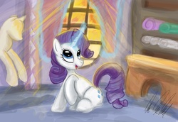 Size: 7392x5081 | Tagged: safe, artist:rariedash, rarity, pony, unicorn, g4, absurd resolution, carousel boutique, fabric, female, magic, mannequin, mare, open mouth, sitting, solo