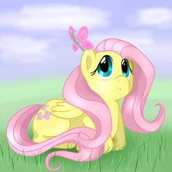 Size: 1024x1024 | Tagged: safe, artist:linamomoko, fluttershy, butterfly, pony, g4, animal, female, lying down, mare, prone, solo