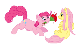 Size: 4784x2816 | Tagged: safe, artist:ak71, fluttershy, pinkie pie, earth pony, pegasus, pony, g4, duo, female, flower, lesbian, mare, ship:flutterpie, shipping, simple background, transparent background