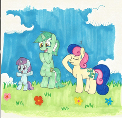 Size: 1144x1112 | Tagged: safe, artist:cartoonz-4-life, bon bon, liza doolots, lyra heartstrings, petunia, sweetie drops, tootsie flute, earth pony, pony, unicorn, g4, bipedal, bon bon is not amused, cloud, crying, eyes closed, facehoof, family, female, filly, flower, foal, lesbian, liquid pride, lyrabontoots family, magical lesbian spawn, mare, mother and daughter, offspring, open mouth, parent:bon bon, parent:lyra heartstrings, parents:lyrabon, ship:lyrabon, shipping, smiling, sweat, sweatdrop, tears of joy, underhoof, walking