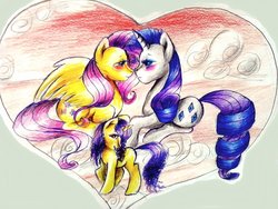 Size: 900x675 | Tagged: dead source, safe, artist:art-surgery, fluttershy, rarity, pegasus, pony, unicorn, g4, blushing, cloud, eye contact, female, heart, lesbian, looking at each other, magical lesbian spawn, mare, offspring, parent:fluttershy, parent:rarity, parents:flarity, ship:flarity, shipping