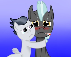 Size: 1000x800 | Tagged: safe, artist:mechashockwave, rumble, thunderlane, pegasus, pony, g4, backwards thermometer, blushing, brothers, colt, fanfic, foal, hug, male, siblings, sick, stallion, thermometer