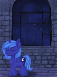 Size: 514x700 | Tagged: safe, artist:burningash, princess luna, pony, g4, eyes closed, female, solo, window, woona