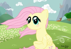 Size: 1944x1350 | Tagged: safe, artist:duskyeclipse, fluttershy, pegasus, pony, g4, blushing, female, mare, sitting, solo, windswept mane