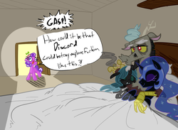 Size: 1050x770 | Tagged: safe, artist:elslowmo, artist:tess, discord, nightmare moon, queen chrysalis, screwball, changeling, changeling queen, draconequus, pony, g4, :o, adultery, bed, caught, comic, cuddling, derp, discoball (pairing), discord gets all the mares, door, eyes closed, female, gasp, horn, horn impalement, hug, human finger, implied infidelity, implied sex, infidelity, open mouth, reverse foalcon, shipping denied, sleeping, smiling, smirk, smoking, snuggling, wat, wide eyes