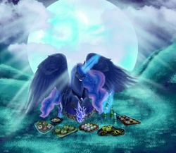 Size: 1500x1300 | Tagged: safe, artist:cobaltstratos, princess luna, alicorn, pony, g4, eyes closed, female, food, happy, mare, picnic, prone, solo