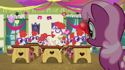 Size: 640x360 | Tagged: safe, artist:capnpea, edit, edited screencap, screencap, cheerilee, twist, earth pony, pony, g4, hearts and hooves day (episode), female, filly, fimbriae, foal, glasses, hearts and hooves day, mare, multeity, ponyville schoolhouse, smiling, wat