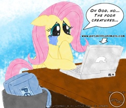 Size: 1773x1523 | Tagged: safe, artist:arbok-x, fluttershy, pegasus, pony, g4, arrow, bag, computer, crying, desk, female, floppy ears, hoof over mouth, laptop computer, looking at something, mare, peta, sad, shocked, solo, speech bubble, teary eyes, text, trash can