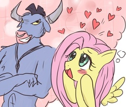 Size: 600x510 | Tagged: artist needed, safe, fluttershy, iron will, pegasus, pony, g4, blushing, female, heart, male, ship:ironshy, shipping, straight, wingboner