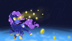 Size: 1280x720 | Tagged: dead source, safe, artist:nyerpy, pony, g4, look before you sleep, ambiguous gender, blue coat, egg, multiple legs, multiple limbs, purple mane, six-legged pony, solo, space, stars, yellow eyes